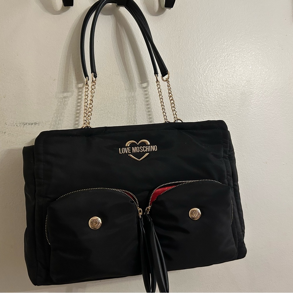 Love Moschino Black and Gold Tote with Chain Strap